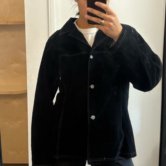 Vintage black button up jacket with white stitching - Picture 2 of 5